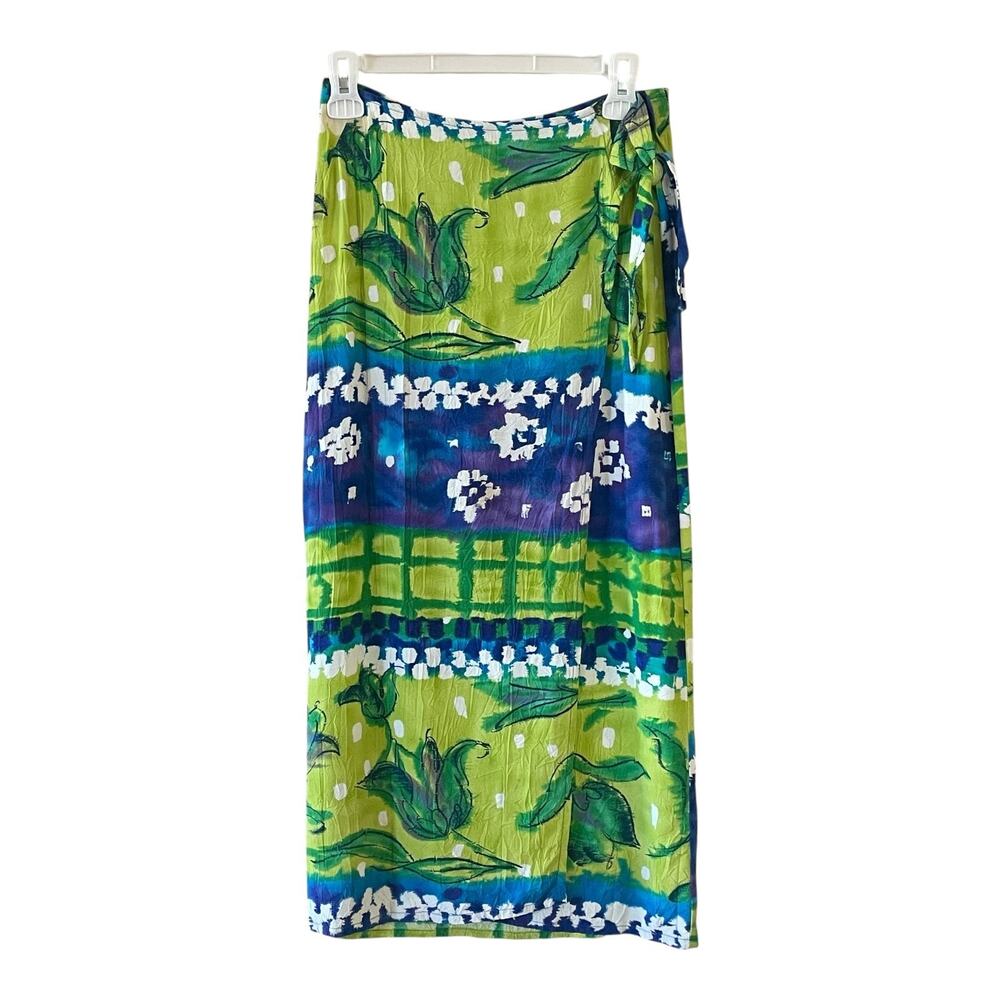 JAMS WORLD Hawaii Small VTG Green Blue Tropical Maxi Wrap Sarong Skirt Sea Tulip